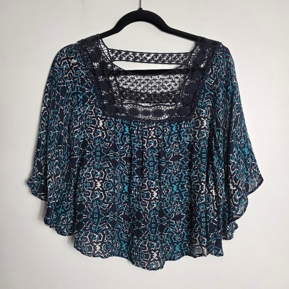 Aeropostale Blue Pattern Crochet‎ Flowy Boho Blouse Top XS